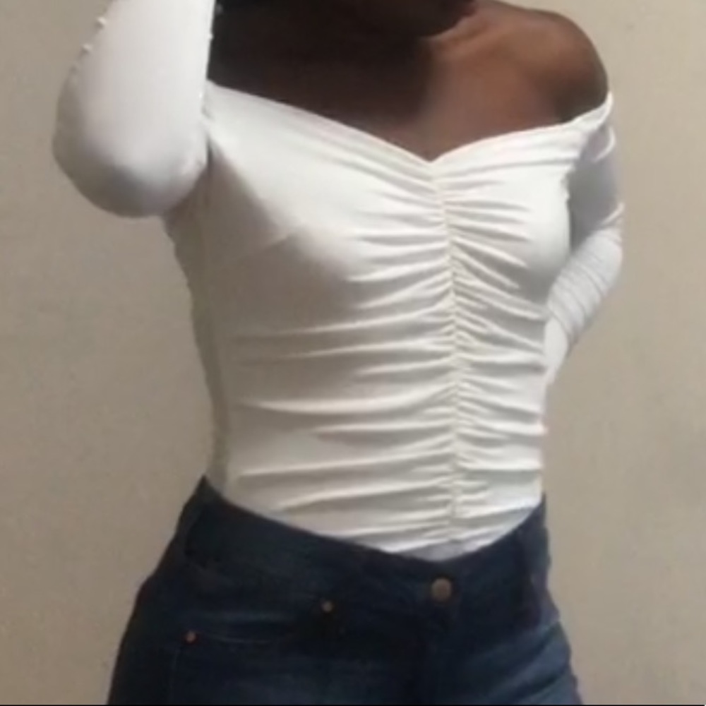 White ruched bodysuit with button closure